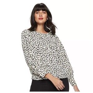 Nine West Women's Cheetah Print Pleated Blouson Long Sleeve Blouse Sz XL